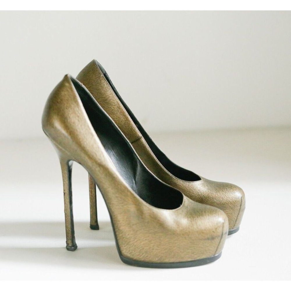 Yves Saint LAurent Paris Bronze Tribtoo Super High Hidden Platform Heels 40